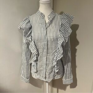 Rebecca Minkoff Blue & White Striped Ruffle Button Up Blouse